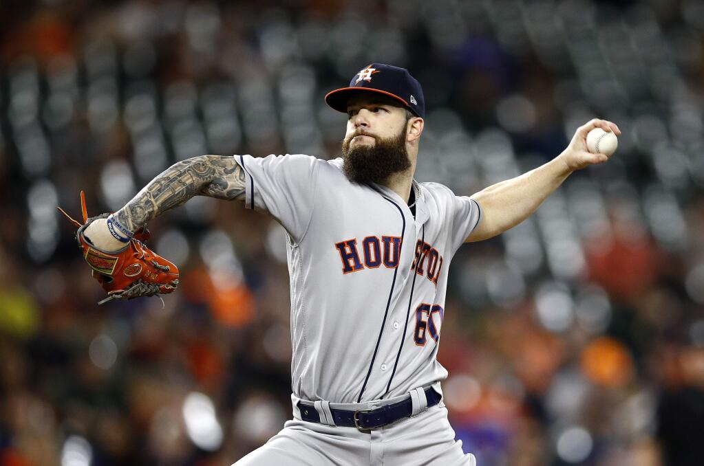 Houston Astros starting pitcher Dallas Keuchel throws to the Baltimore Orioles in the second inning Saturday, Sept. 29, 2018, in Baltimore. (AP Photo/Patrick Semansky)
