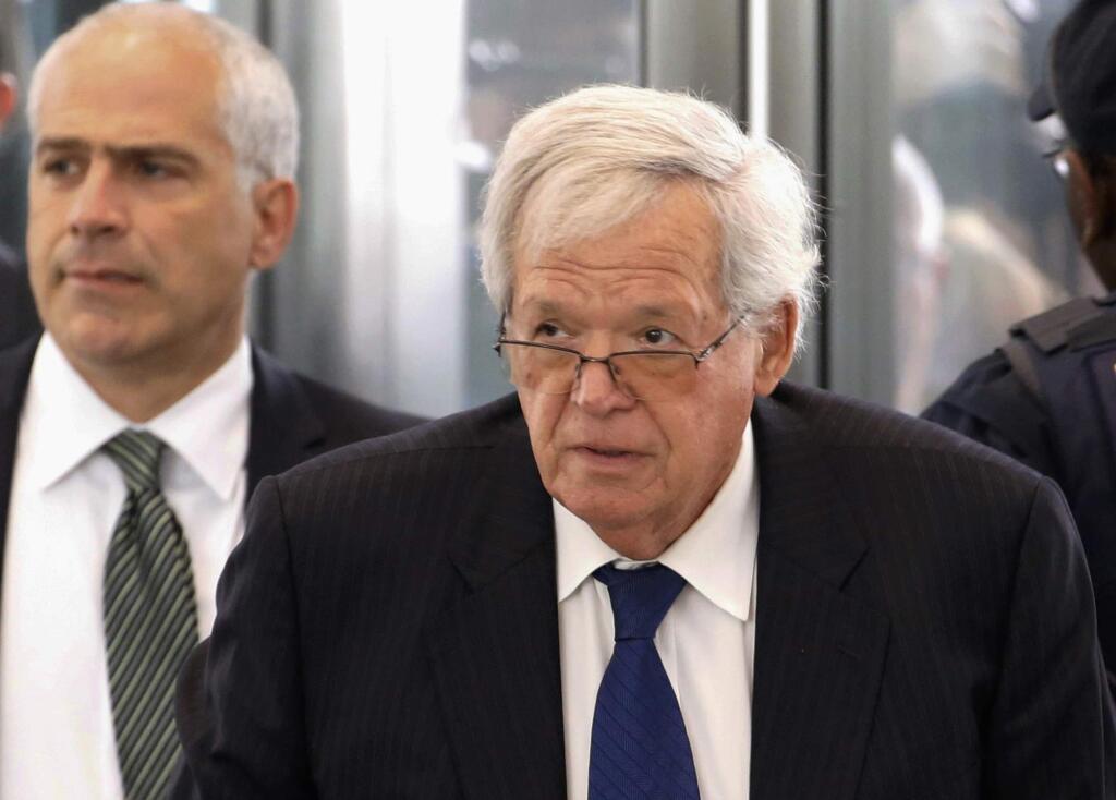 FILE - In this June 9, 2015 file photo, former U.S. House Speaker Dennis Hastert arrives at the federal courthouse in Chicago for his arraignment on federal charges in his hush-money case in Chicago. The Chicago Tribune is citing unidentified law enforcement sources as saying at least four people have made 'credible allegations of sexual abuse' against Hastert. In a Thursday April 7, 2016 story, the newspaper says it has determined the identities of three accusers, all men whose allegations stem from when they were teenagers and Hastert was their coach in Yorkville, Ill. (AP Photo/Charles Rex Arbogast, File)