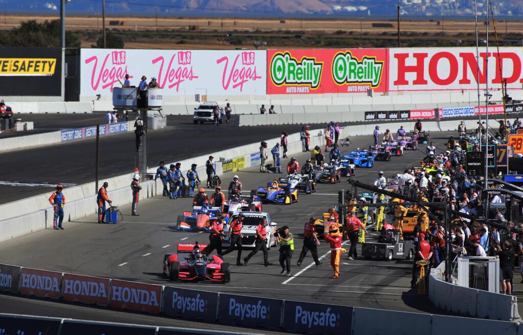Cars start the IndyCar Grand Prix of Sonoma at Sonoma Raceway, on Sunday, September 16, 2018. (Photo by Darryl Bush / For The Press Democrat)