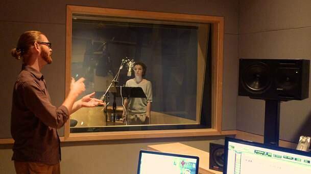 Jared Emerson-Johnson conducting actress Molly Stone who is singing a song he wrote for Telltale's Game of Thrones game. (Photo: Stephen Dickson)