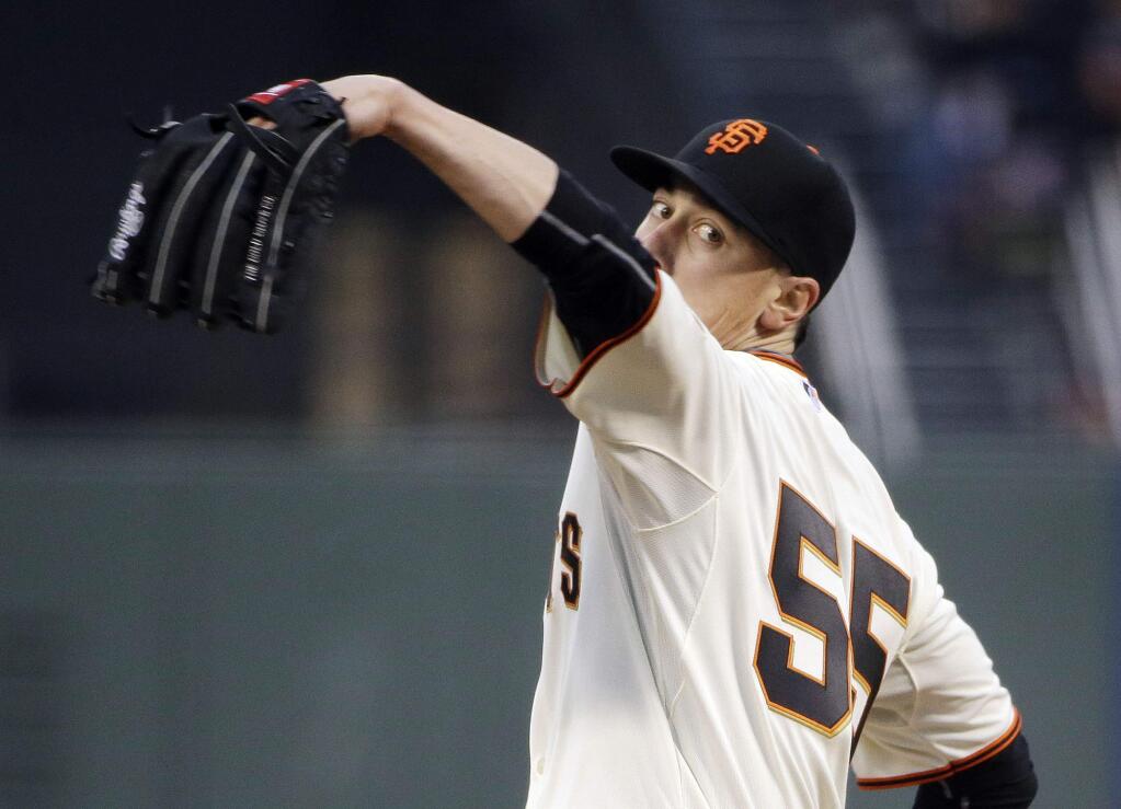 San Francisco Giants starting pitcher Tim Lincecum throws to the Los Angeles Dodgers during the first inning of a game on Tuesday, April 21, 2015, in San Francisco. (AP Photo/Marcio Jose Sanchez)