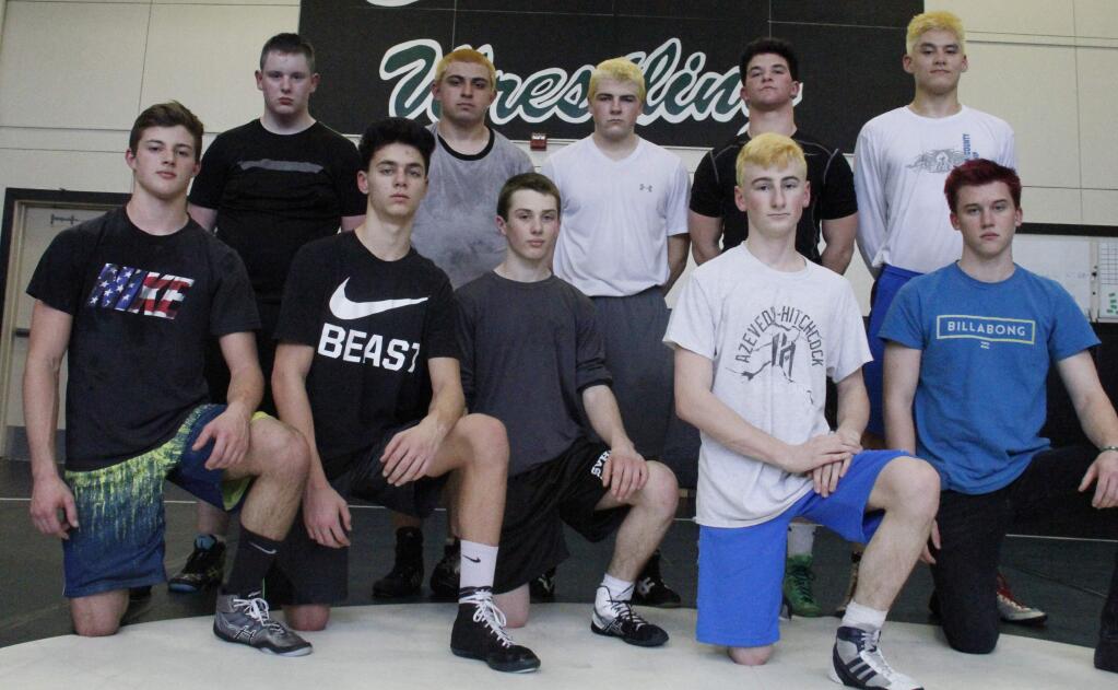 Bill Hoban/Index-TribuneTen Sonoma Valley High wrestlers will be competing in the NCS meet today and Saturday in Hayward. Competing will be, front row from left, Ryan Sherwood, Andrew Beatty, Ean Schiffman, Macklyn Liss and Dominico Biaggi. Back row from left, Dean Dunham, Gianni Palacio, Aiden Van Heerden, Tyler Winslow and Noah Bartolome.