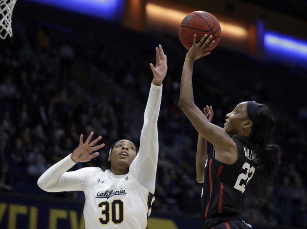 Stanford's Kiana Williams, right, shoots against Cal's CJ West in the first half Sunday, Jan. 12, 2020, in Berkeley. (AP Photo/Ben Margot)