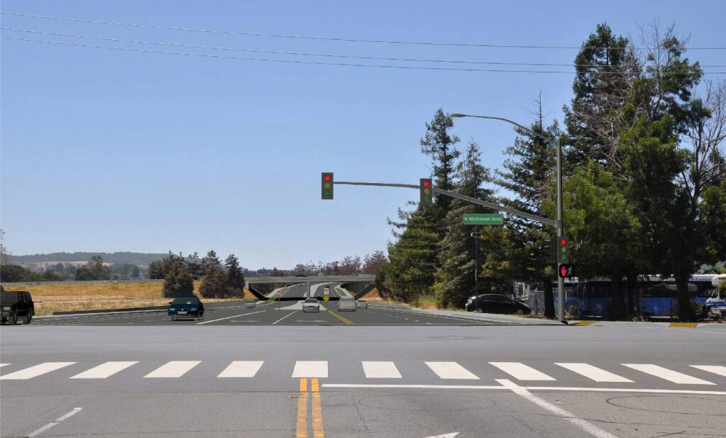 A rendering shows how the Rainier crosstown connector will look to drivers on North McDowell Boulevard. (City of Petaluma)