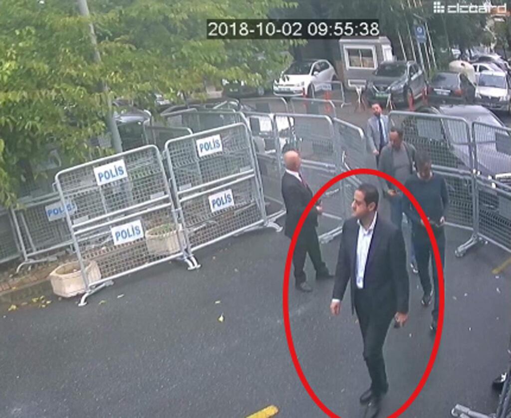 In a frame from surveillance camera footage taken Oct. 2, 2018, and published Thursday, Oct. 18, 2018, by the pro-government Turkish newspaper Sabah, a man identified by Turkish officials as Maher Abdulaziz Mutreb, walks toward the Saudi Consulate in Istanbul before writer Jamal Khashoggi disappeared. Saudi Arabia, which initially called the allegations 'baseless,' has not responded to repeated requests for comment from The Associated Press over recent days, including on Thursday over Mutreb's identification. (Sabah via AP)
