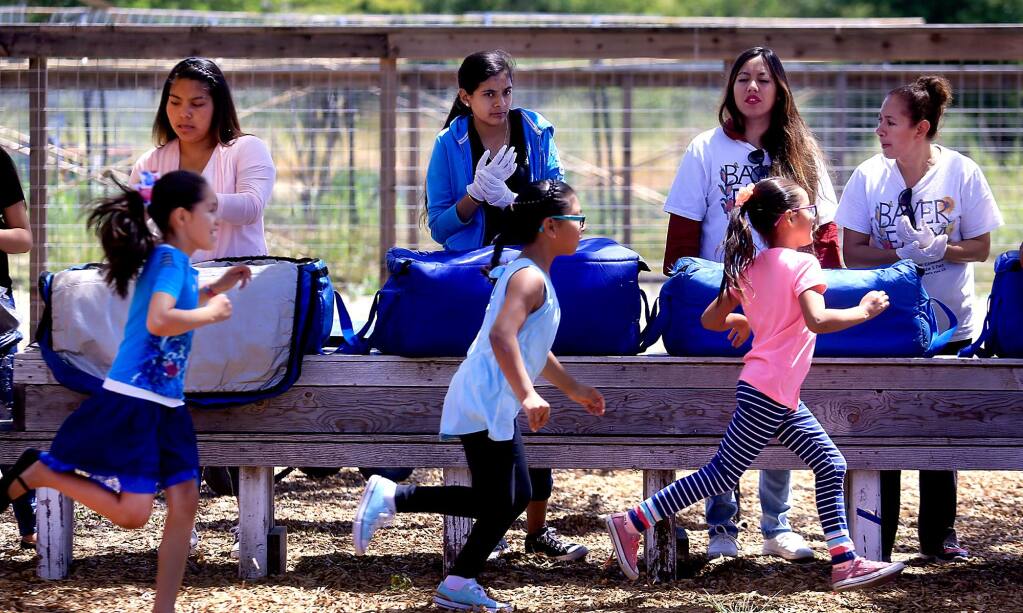 Idolina Cervantes, Flor Becerra, Perla Acuna and Paula Hernandez prepare to serve lunch from the Redwood Empire Food Bank at the Bayer Farm in Santa Rosa on Monday, June 5, 2017, to, from left in the foreground, Yajaira Hernandez, Mary Diaz and Tania Hernandez. (KENT PORTER/ PD)