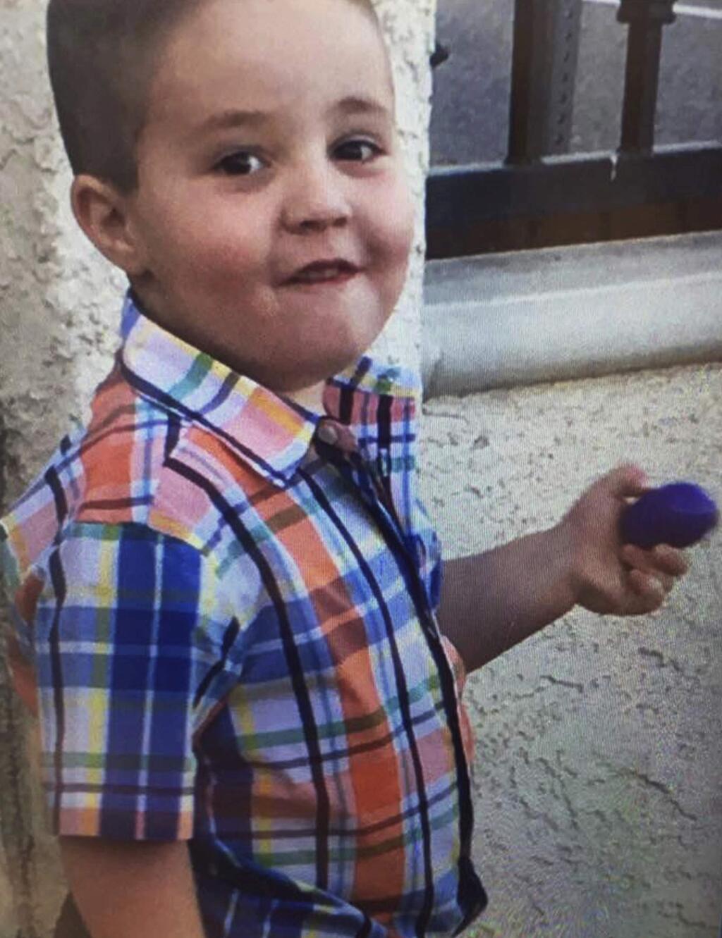 This undated photo posted on the South Pasadena, Calif., Police Department's Facebook page shows Aramazd Andressian, Jr., as they seek the public's help in locating him. Authorities throughout Los Angeles County are searching for the 5-year-old, reported missing after paramedics found his father passed out in a park. Police in South Pasadena say the boy's mother reported Saturday, April 22, 2017, that her estranged husband had failed to drop the boy off at a pre-arranged meeting place. (South Pasadena Police Department via AP)