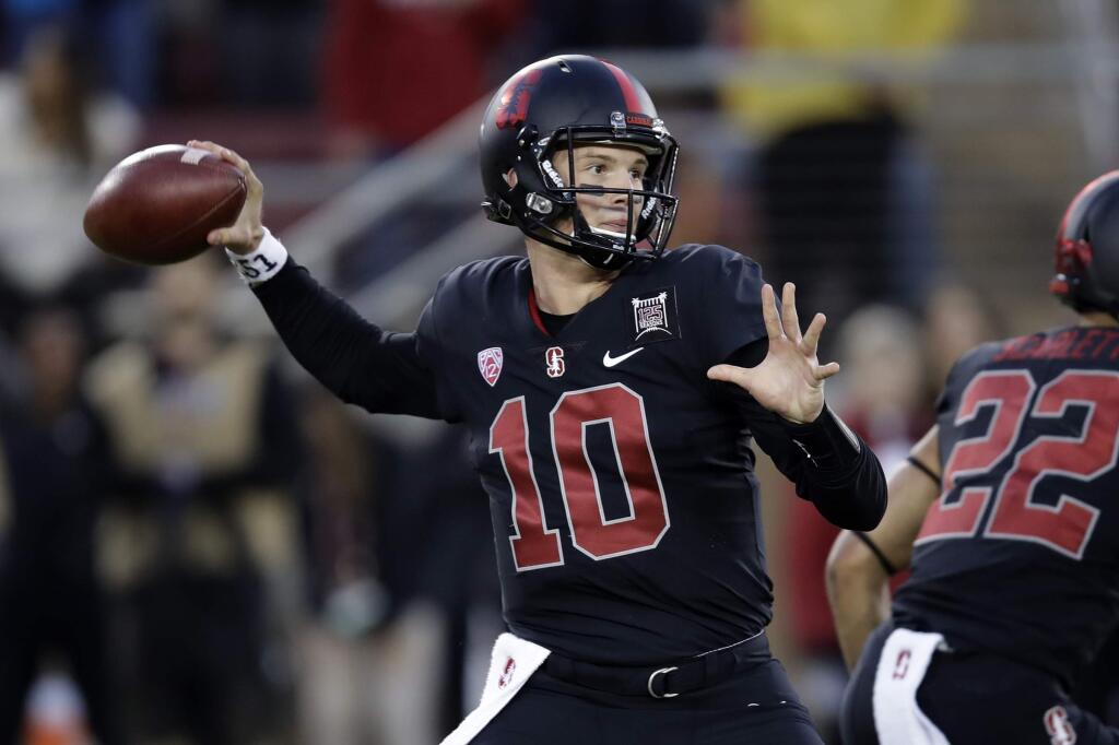 Stanford quarterback Jack West throws a pass during the first half of the team's NCAA college football game against UCLA on Thursday, Oct. 17, 2019, in Stanford, Calif. (AP Photo/Ben Margot)