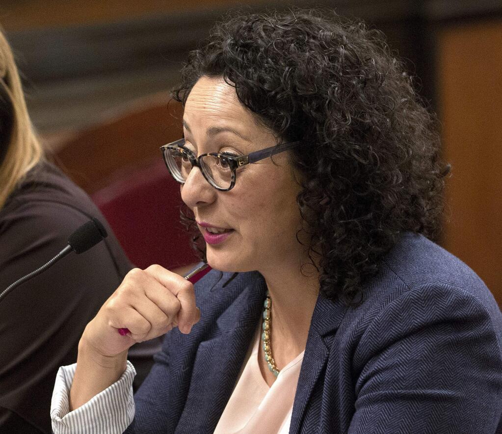 FILE - In this June 22, 2016, file photo, Assemblywoman Cristina Garcia, D-Bell Gardens, speaks at the Capitol in Sacramento, Calif. Garcia, the former head of the California Legislative Women's Caucus and a leading figure in the anti-sexual harassment movement is facing fresh allegations of misconduct in her office just days after she took a leave of absence amid an investigation into alleged groping. (AP Photo/Rich Pedroncelli, File)