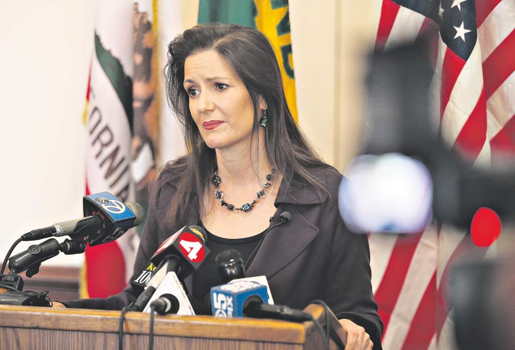 Oakland Mayor Libby Schaaf takes questions from the media during a press conference at City Hall in Oakland, Calif., Wednesday, Feb. 27, 2018. (Jane Tyska/San Jose Mercury News via AP)