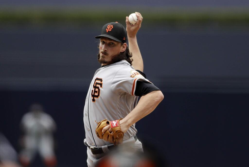 San Francisco Giants starting pitcher Jeff Samardzija works against a San Diego Padres batter during the first inning of a baseball game, Sunday, July 16, 2017, in San Diego. (AP Photo/Gregory Bull)