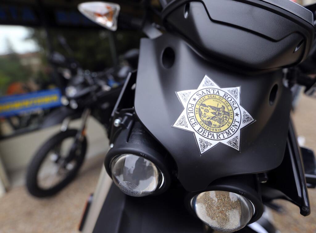 The Santa Rosa police department purchased new electric motorcycles, allowing officers to quietly access remote areas of the town. (JOHN BURGESS / The Press Democrat)