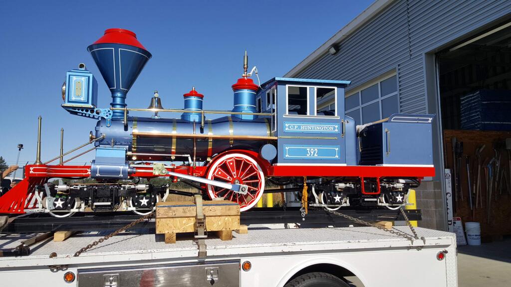 A new locomotive, Engine No. 392, arrived Thursday at Santa Rosa's corporation yard. It will replace the old one at Howarth Park. (Derek Moore/ Press Democrat)