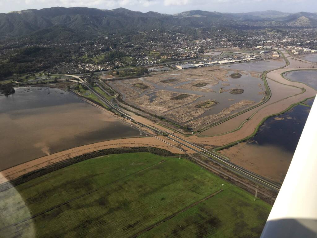 Highway 37 where it intersects with Highway 101 near Novato was flooded for several weeks during winter storms in 2020. (Joe Tuminello)