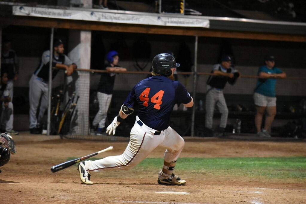Brett Gillespie slams a double to score Pedro Barrios in the 7th inning, and later scored himself to bring the score to 6-5. But the Pacifics added 2 more runs in the 9th to given them the 8-5 win in Game 1 of the 2019 Pacific Association championship series. (James W. Toy III/Stompers Baseball)