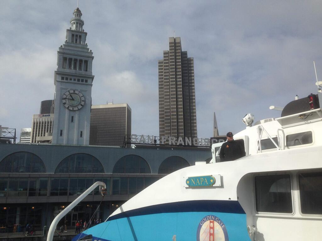 The Golden Gate Ferry boat, Napa, docked at the San Francisco Ferry Building, is a piece of the transportation puzzle to get to San Francisco from Sonoma County. (Photo by Robert Digitale)