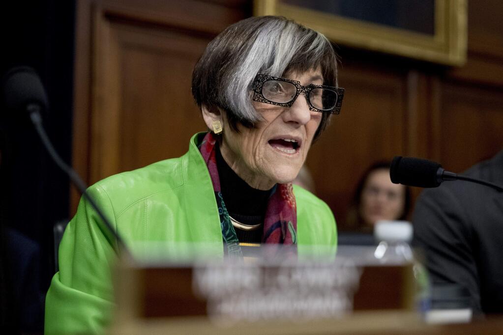 Rep. Rosa DeLauro, D-Conn., speaks as Education Secretary Betsy DeVos appears before a House Appropriations subcommittee hearing on budget on Capitol Hill in Washington, Tuesday, March 26, 2019. (AP Photo/Andrew Harnik)