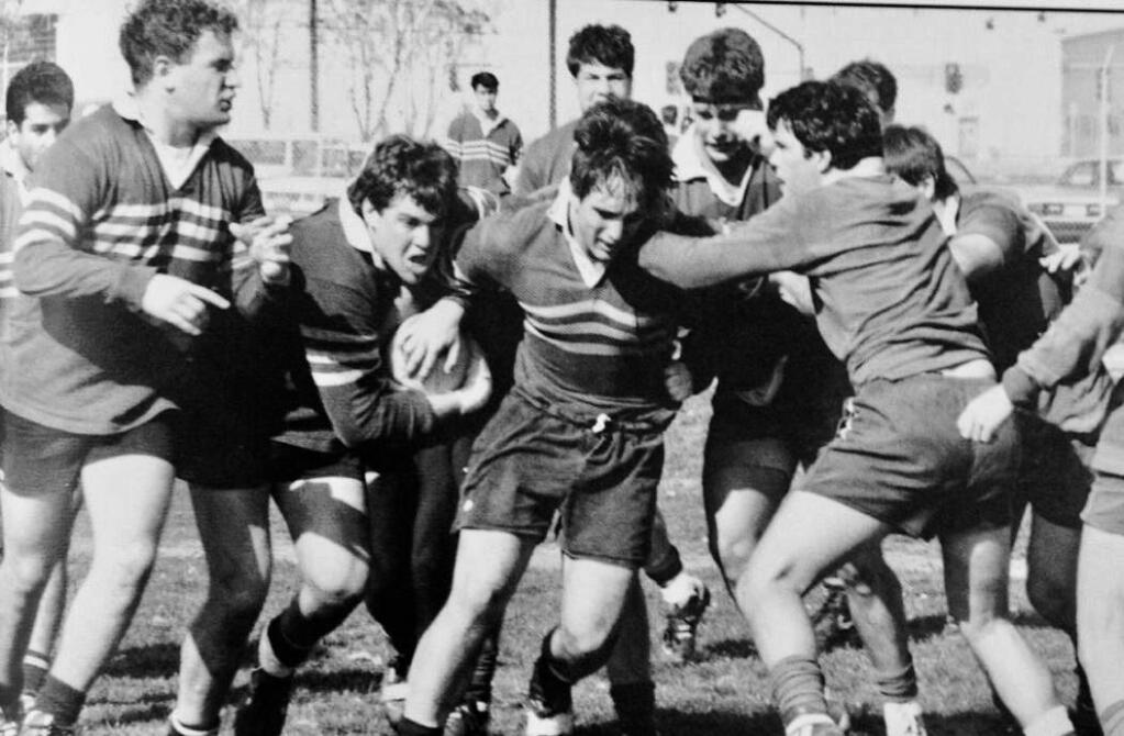 Sonoma's A.J. Riebli, with the ball, during his days at Santa Clara University. He was recently voted into the Rugby Hall of Fame at Santa Clara U., while his brother Dominick made the HOF at Santa Monica. (Submitted photo)