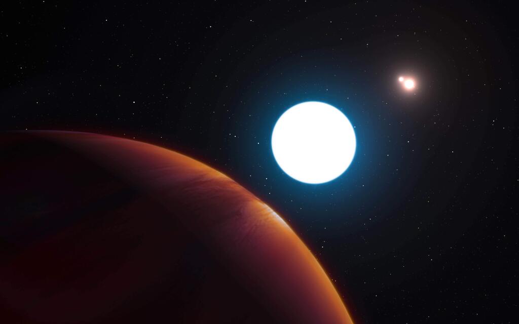 This image provided by the European Southern Observatory shows an artist's impression of the triple star system HD 131399 from close to the gas giant planet orbiting in the system. A University of Arizona-led team used an ESO telescope in Chile to find the system 320 light years away. The astronomers revealed their findings Thursday, July 7, 2016. (L. Calçada/ESO via AP)