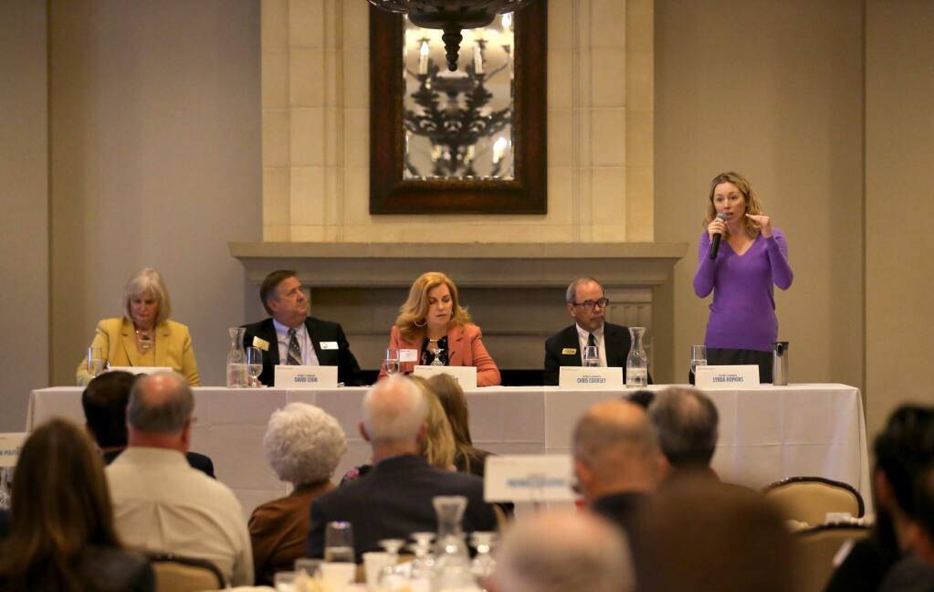 District 5 Supervisor Lynda Hopkins speaks during a debate hosted by the Santa Rosa Metro Chamber of Commerce at the Santa Rosa Golf and Country Club in Santa Rosa on Wednesday, October 16, 2019. (BETH SCHLANKER/ The Press Democrat)