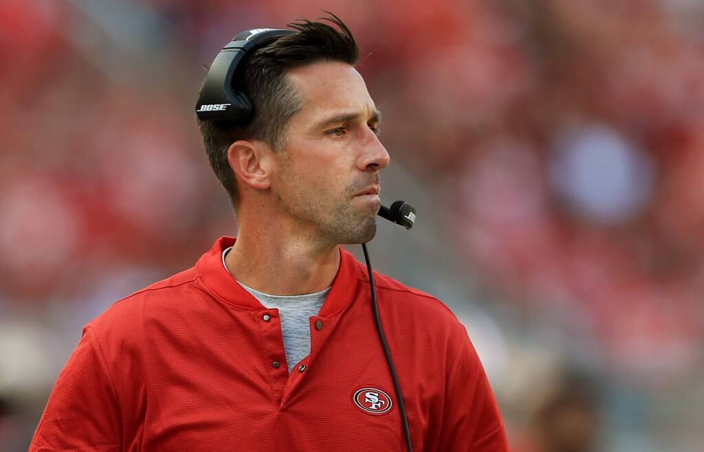 San Francisco head coach Kyle Shanahan paces the sidelines during the 49ers' 28-18 loss to the Cardinals in Santa Clara, Sunday, Oct. 7, 2018. (Kent Porter / The Press Democrat)