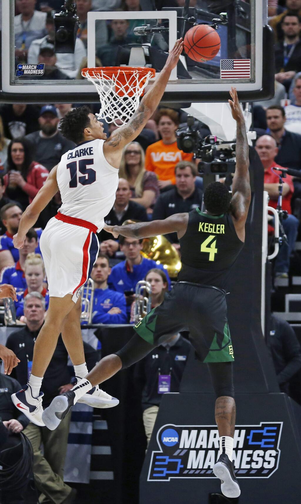 Gonzaga forward Brandon Clarke blocks the shot of Baylor guard Mario Kegler during the second half of a second-round game in the NCAA Tournament Saturday, March 23, 2019, in Salt Lake City. (AP Photo/Rick Bowmer)