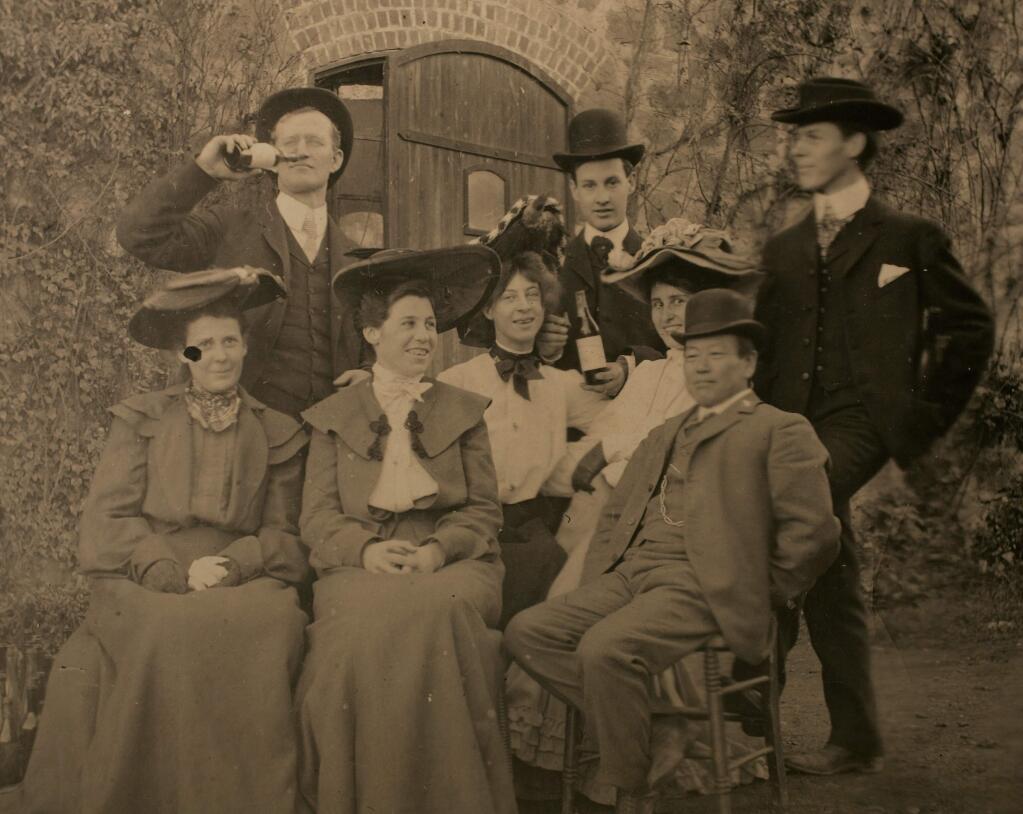 Kanaye Nagasawa, seated right, relaxes with friends while celebrating outside the cellars of his Fountain Grove Winery in 1910. Born in Japan, he arrived in America by way of England and Scotland, where he picked up a Scottish accent he kept the rest of his life. (Museum of Sonoma County)