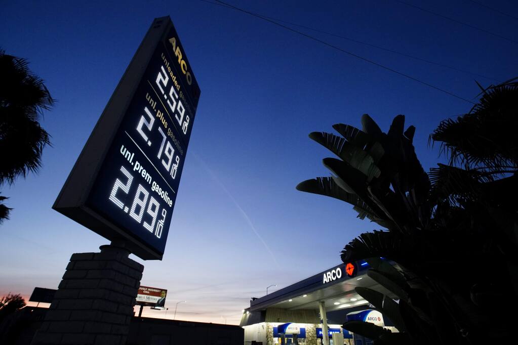 An Arco service station displays the price of three grades of gasoline Thursday, May 7, 2020, in Santa Ana, Calif. (AP Photo/Chris Carlson)