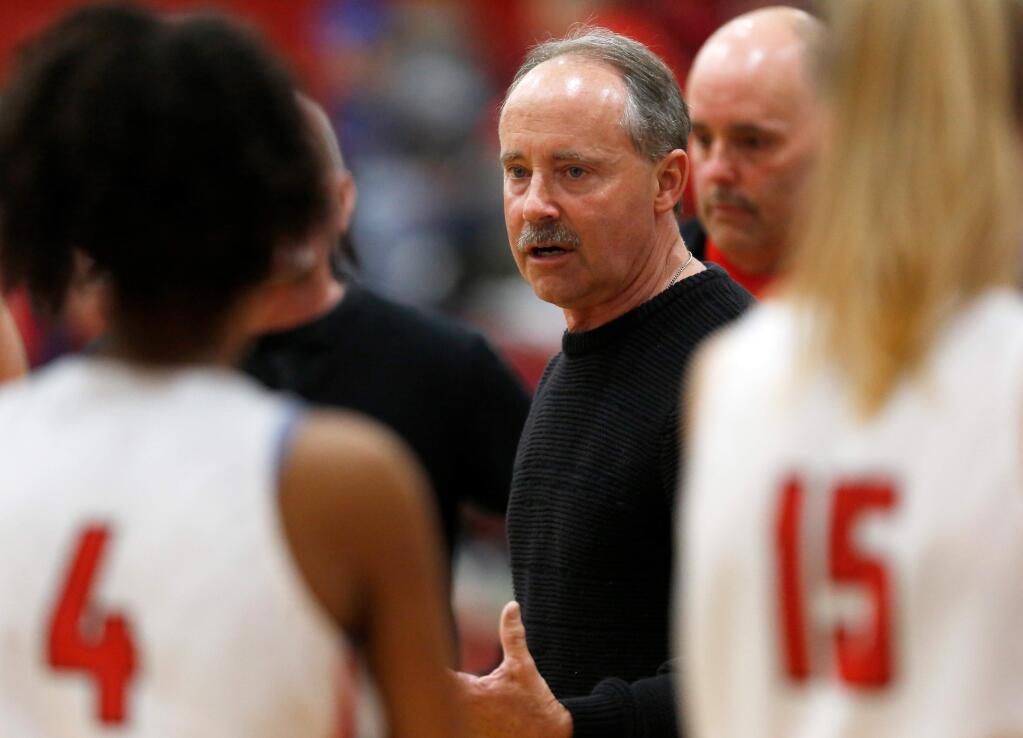 Montgomery girls basketball head coach Darryl LaBlue talks with the Vikings during a timeout in the first half of a 2020 game. (Alvin A.H. Jornada / The Press Democrat)