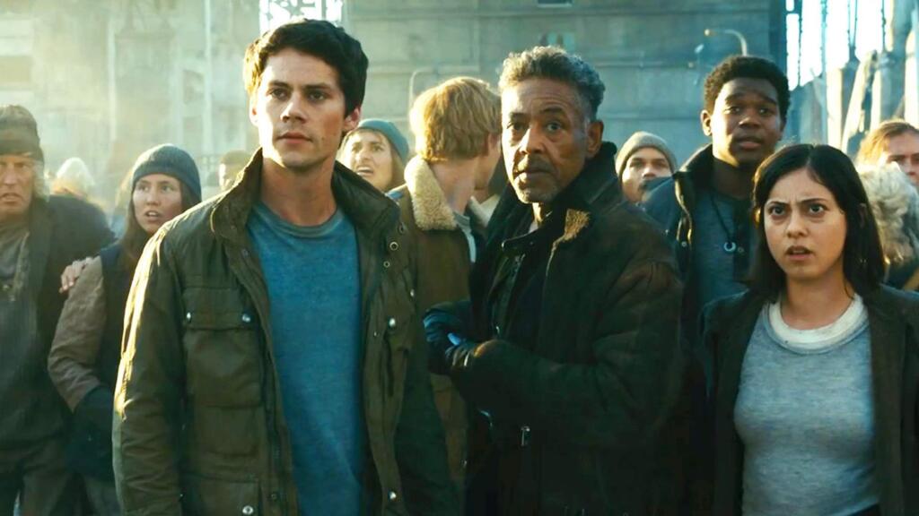 Dylan O'Brien, center, left, and Giancarlo Esposito in a scene from 'Maze Runner: The Death Cure.' (20th Century Fox)