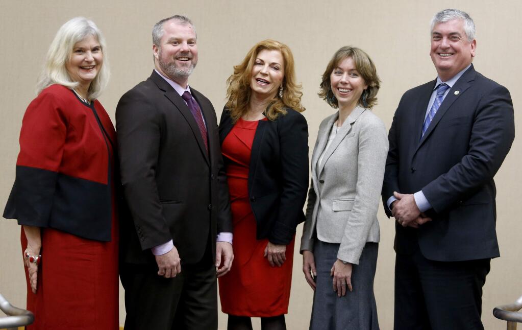 1st District Supervisor Susan Gorin, 4th District Supervisor James Gore, 3rd District Supervisor Shirlee Zane, 5th District Supervisor Lynda Hopkins, and 2nd District supervisor David Rabbitt during the Sonoma County Board of Supervisors meeting in Santa Rosa, on Tuesday, January 10, 2017. (BETH SCHLANKER/ The Press Democrat)