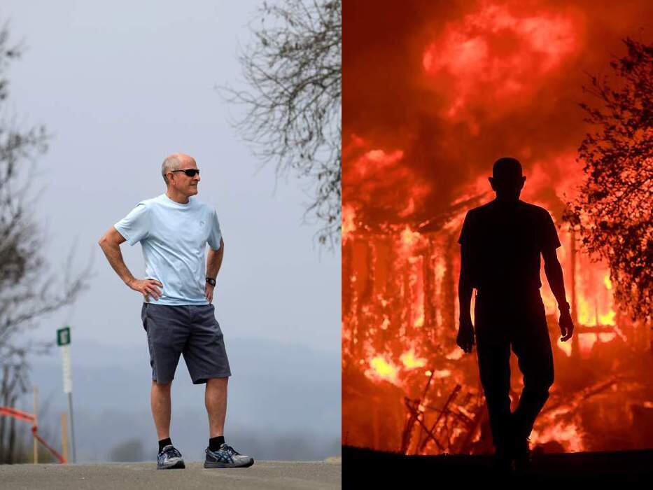 Bill Stites stands on Palisades Drive in Fountaingrove on April 4, 2018 (left), and watching Fountaingrove burn on Oct. 9, 2017 (right). (KENT PORTER / PRESS DEMOCRAT)