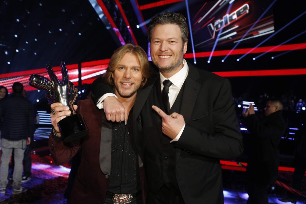 In this image provided by NBC-TV Craig Wayne Boyd, left poses with Blake Shelton Tuesday Dec. 16, 2014. Craig Wayne Boyd, the country rocker from Blake Shelton's team, was named the winner of The Voice Tuesday. (AP Photo/NBC-TV, Trae Patton)