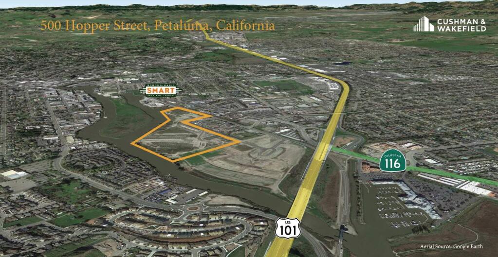 Scannell Properties in 2019 purchases 40 acres of industrial-zoned Petaluma land at 500 Hopper St., the boundaries of which are outlined on this Google Earth aerial image. (courtesy of Cushman & Wakefield)