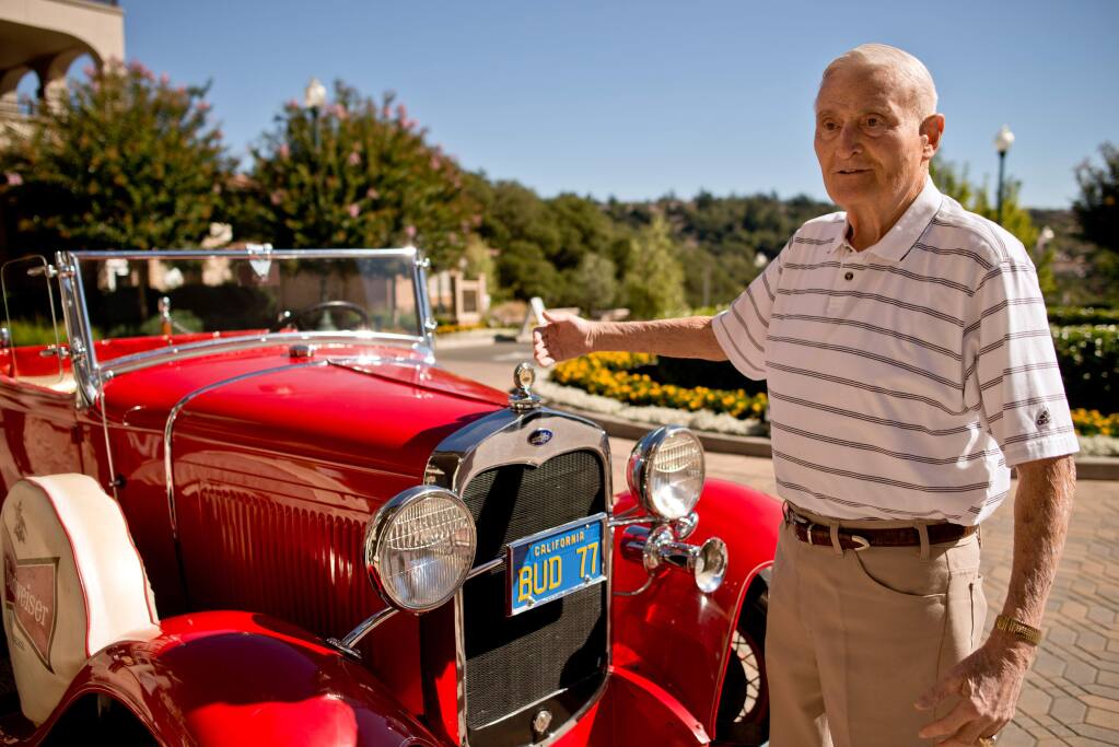 10/7/2013: B1:PC: Chet Galeazzi with the 1930 Ford Model A Cabriolet pickup that he owned, restored, and, later, sold to his friend Mike Curtis, in Santa Rosa, Calif., on October 3, 2013. (Alvin Jornada / The Press Democrat)