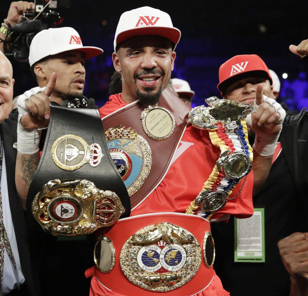FILE - In this June 17, 2017, file photo, Andre Ward celebrates after defeating Sergey Kovalev in a light heavyweight championship boxing match in Las Vegas. Ward is retiring from boxing with an undefeated record because he no longer has the desire to fight, according to a statement on his website Thursday, Sept. 21, 2017. (AP Photo/John Locher, File)