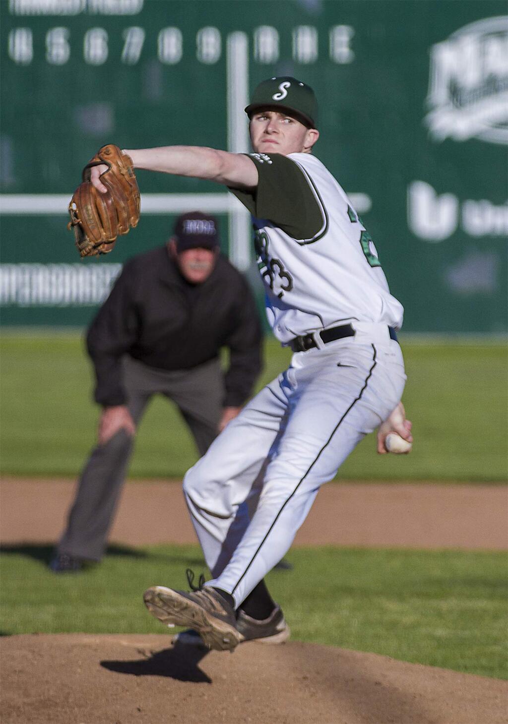 Robbi Pengelli/Index-TribuneSonoma's Shane O'Malley delivers a pitch during Tuesday's game against Justin-Siena.