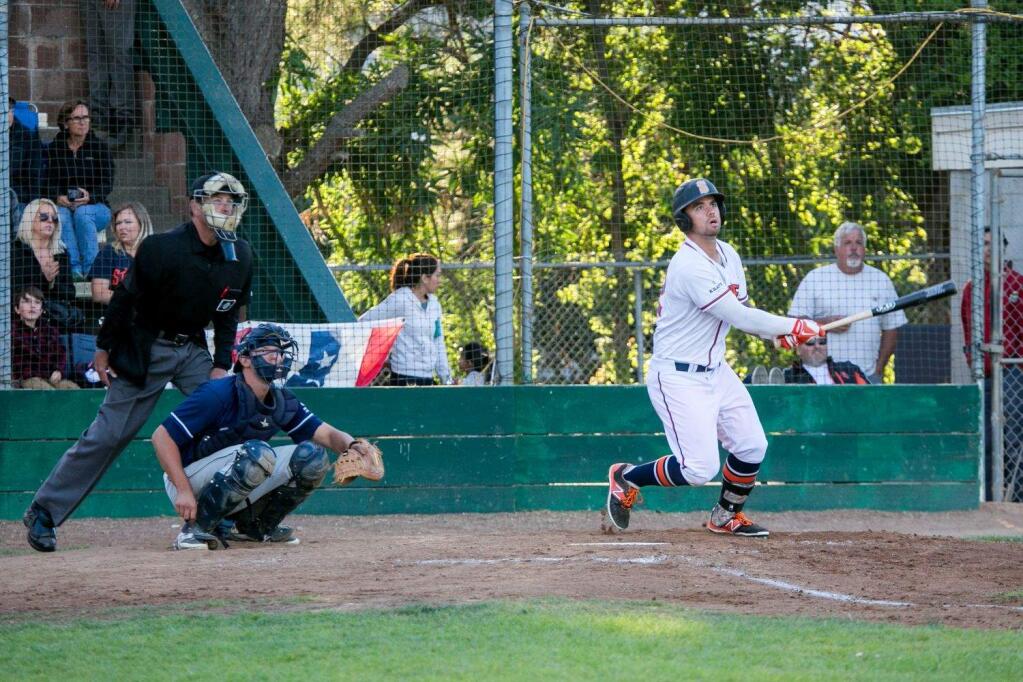 Mark Hurley sends one deep at Arnold Field. Hurley knocked his first home run of the year on Saturday, June 18, leading the Stompers to a 9-2 victory over the Vallejo Admirals. (Photo by Julie Vader/Special to the Index-Tribune)