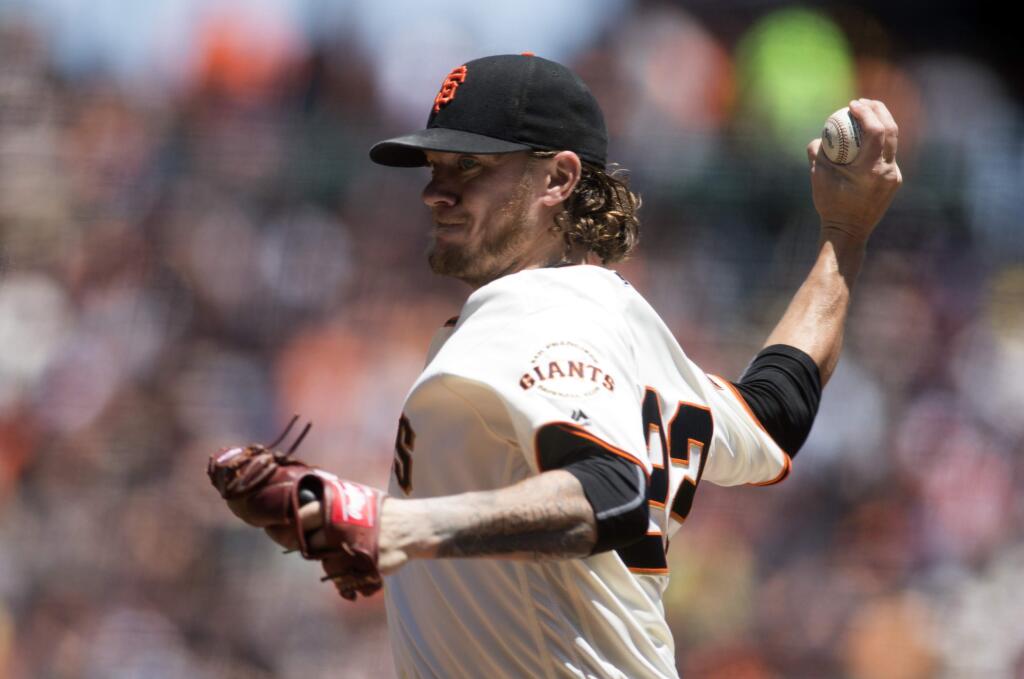 San Francisco Giants starting pitcher Jake Peavy delivers against the Arizona Diamondbacks during the first inning of baseball game on Saturday, July 9, 2016, in San Francisco. (AP Photo/D. Ross Cameron)