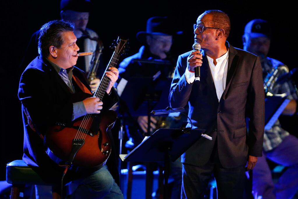 Jazz vocalist Billy Valentine, right, performs on stage with guitarist Brian Nova during the 107th annual Monte Rio Variety Show in Monte Rio, California, on Thursday, July 26, 2018. (Alvin Jornada / The Press Democrat)