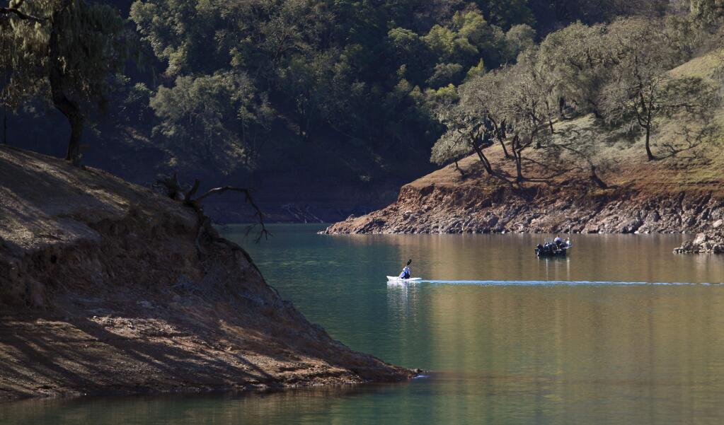 Lake Sonoma is starting to show the effects of a dry February, Tuesday Feb. 25, 2020, as more shoreline is becoming exposed. Still, the water supply capacity is at 91.4%. (Kent Porter / The Press Democrat) 2020