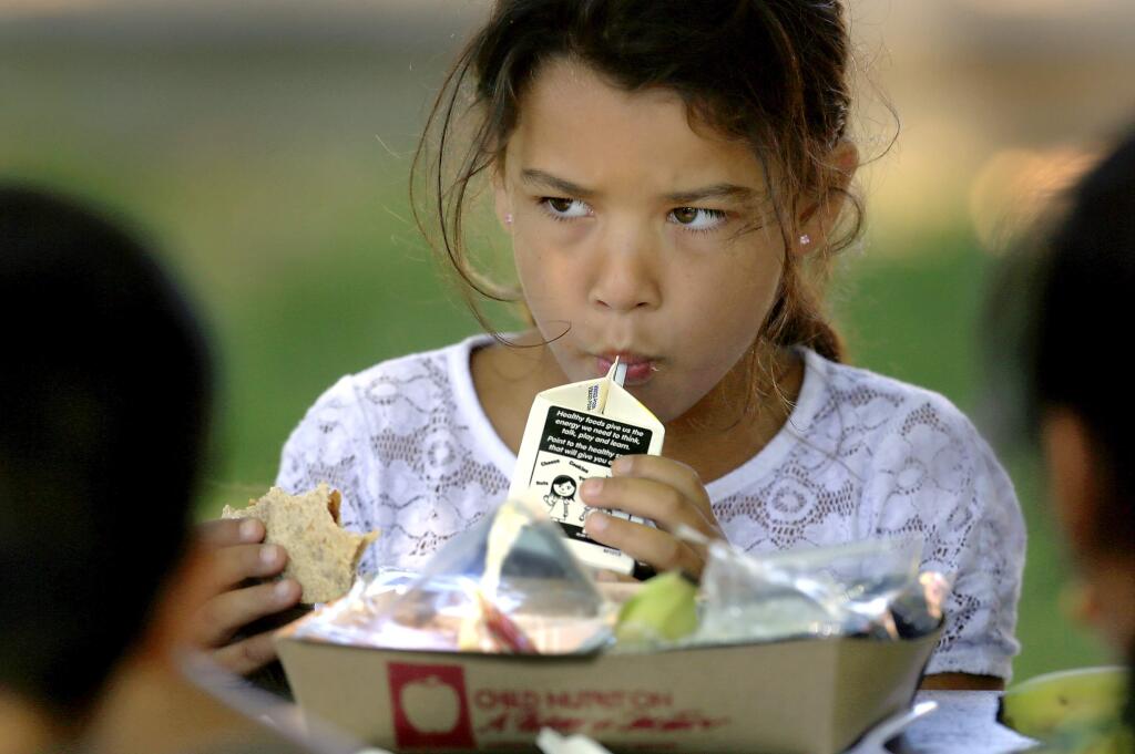 Zoe Byrd, 7, drinks down a carton of milk from a free lunch at Alicia Park in Rohnert Park, Wednesday June 19, 2013 sponsored in part by the Redwood Empire Food Bank. Despite area children receiving free lunches during the school year, organizers say they are reaching only 1 in 10 kids. (Kent Porter / Press Democrat) 2013