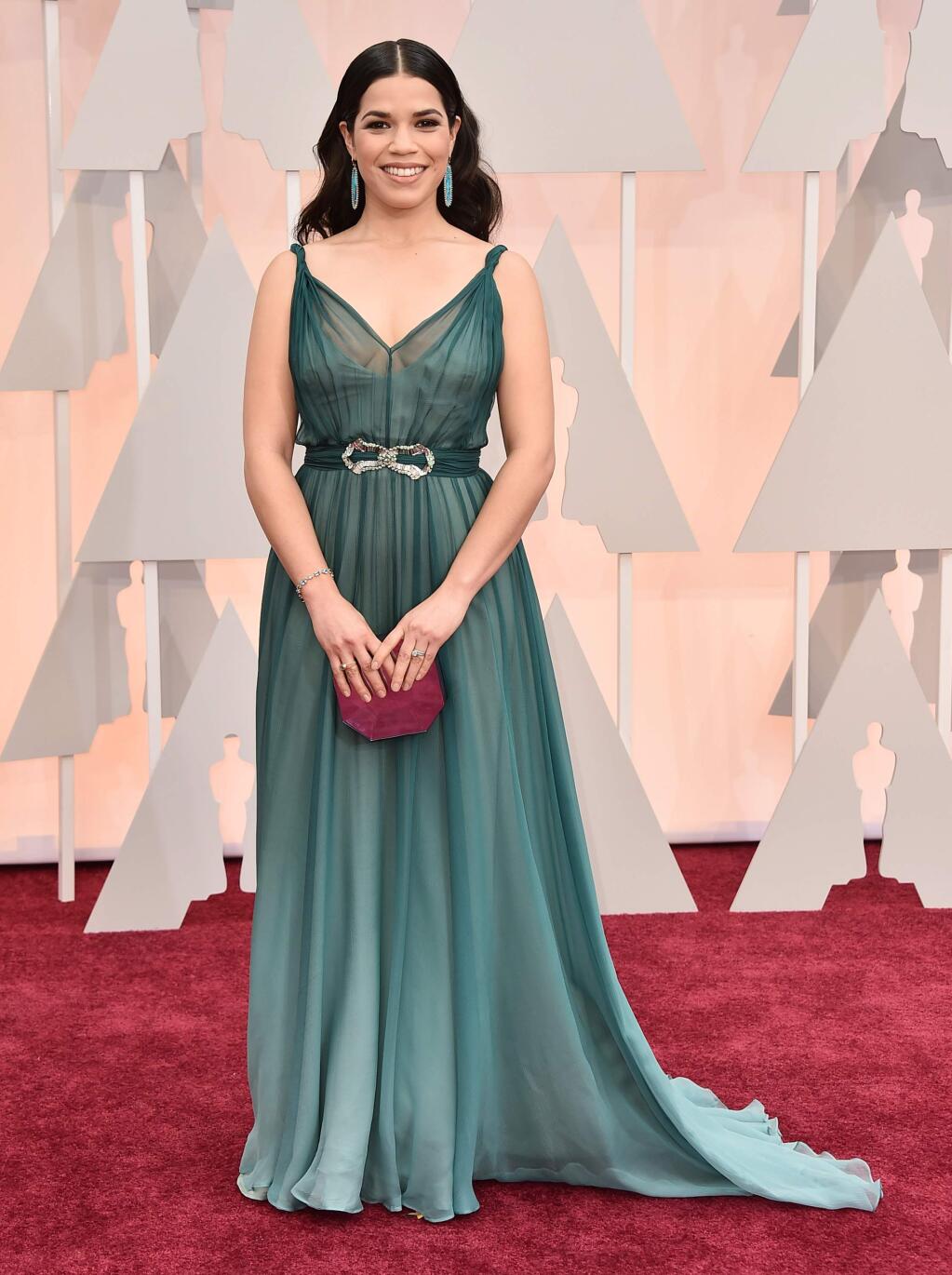 America Ferrera arrives at the Oscars on Sunday, Feb. 22, 2015, at the Dolby Theatre in Los Angeles. (Photo by Jordan Strauss/Invision/AP)