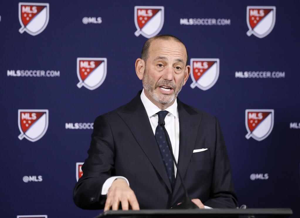 Major League Soccer Commissioner Don Garber discusses at a news conference plans to expand the league to 30 teams during the MLS Board of Governors meeting in Los Angeles, Thursday, April 18, 2019. Sacramento and St. Louis have been invited to submit formal bids for franchises. (AP Photo/Alex Gallardo)