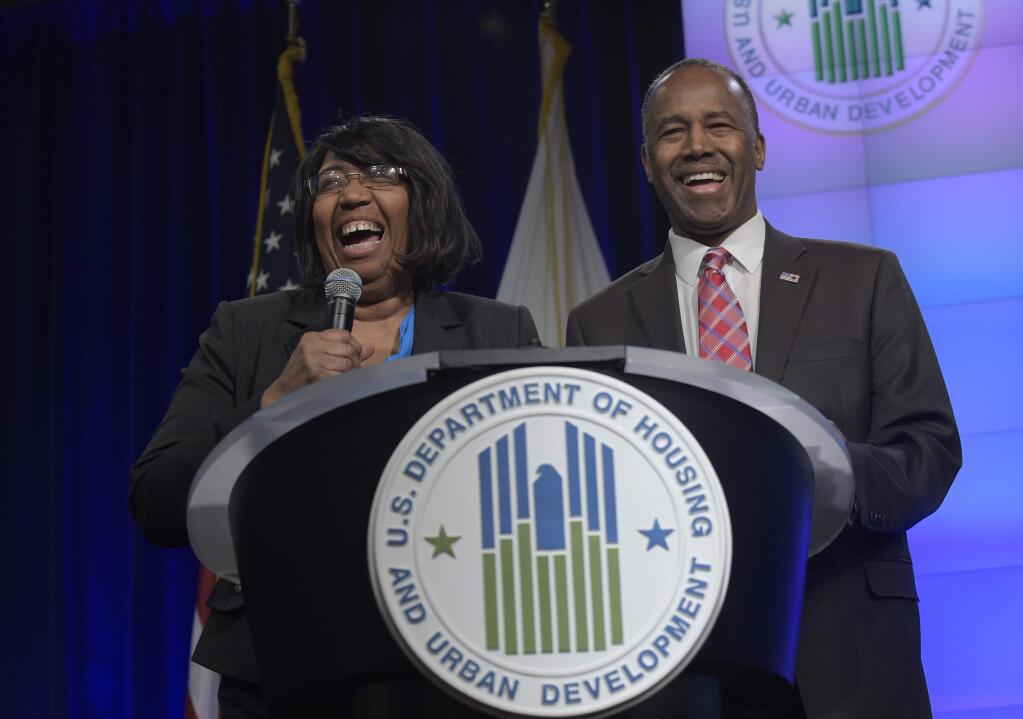 Housing a Urban Development Secretary Ben Carson shares a laugh with his wife Lacena 'Candy' Carson as they are introduced to speak to HUD employees in Washington, Monday, March 6, 2017. (AP Photo/Susan Walsh)