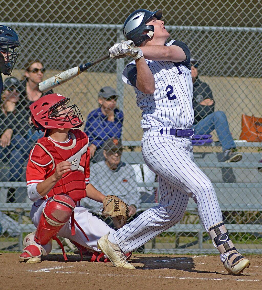 SUMNER FOWLER/FOR THE ARGUS-COURIERUp! Up! Up! Petaluma's Sam Brown and El Molino catcher watch Brown's high pop-up in a key SCL game won by Petaluma, 8-3.