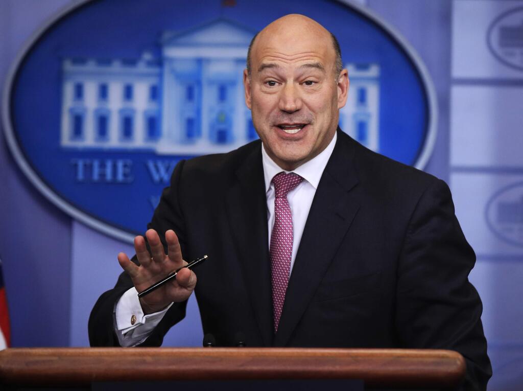 FILE - In this Jan. 23, 2018, file photo, White House chief economic adviser Gary Cohn, speaks to reporters during the daily press briefing in the Brady press briefing room at the White House, in Washington. Cohn is leaving the White House after breaking with President Donald Trump on trade policy. Cohn, the director of the National Economic Council, has been the leading internal opponent to Trump's planned tariffs on imports of steel and aluminum. (AP Photo/Manuel Balce Ceneta, File)
