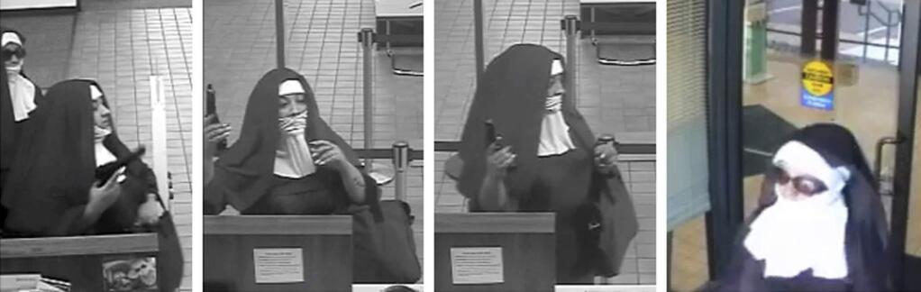 This series of surveillance photos posted on the official FBI Philadelphia Twitter account show women dressed as nuns who attempted to rob a Citizens Bank near Tannersville, Pa., on Monday, Aug. 28, 2017. Authorities are searching for the suspects, who left without taking anything. (Federal Bureau of Investigation via AP)