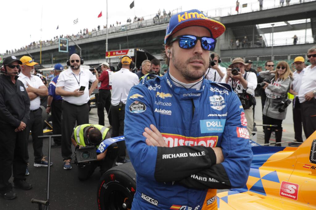 Fernando Alonso, of Spain, prepares to drive during qualifications for the Indianapolis 500 IndyCar auto race at Indianapolis Motor Speedway, Sunday, May 19, 2019 in Indianapolis. Alonzo failed to make the field for the race. (AP Photo/Michael Conroy)