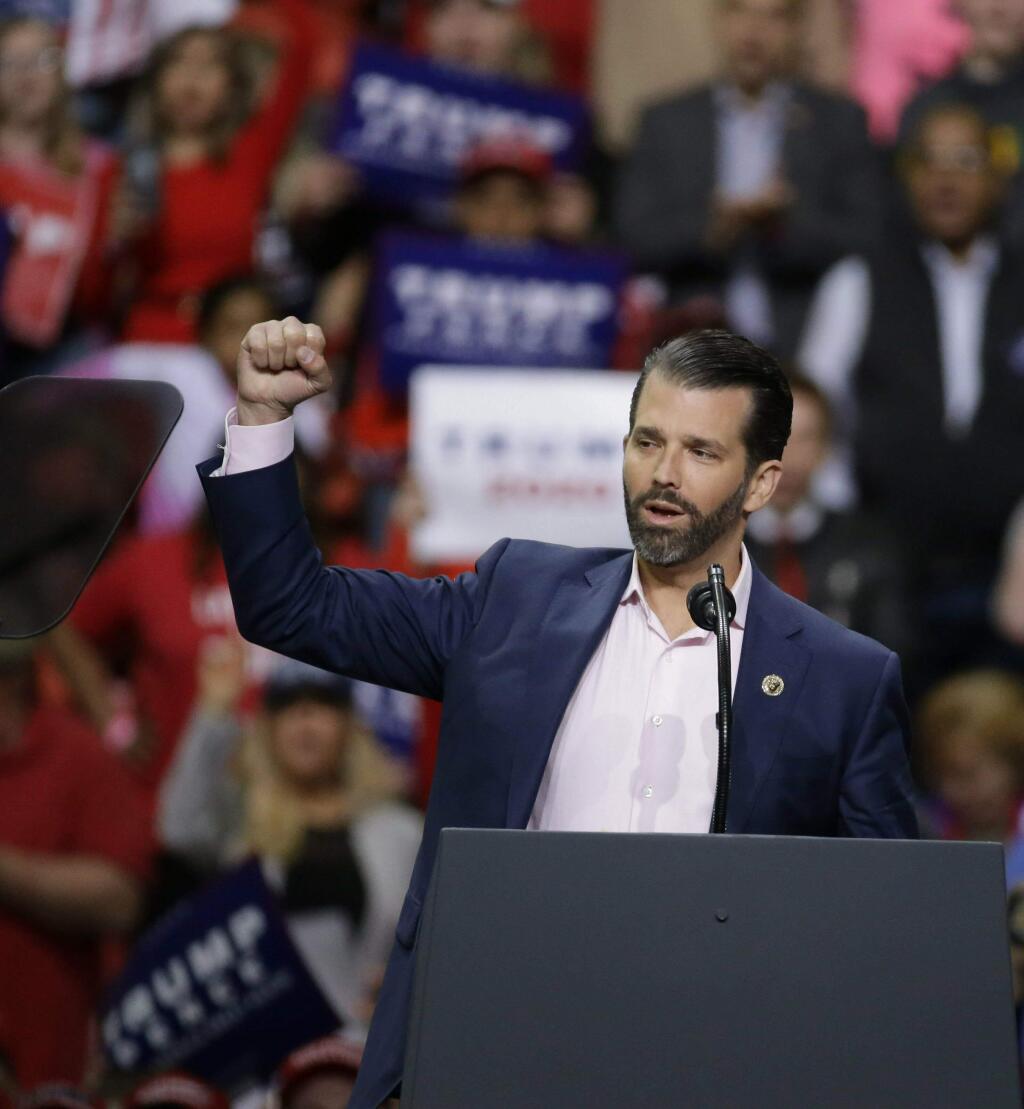 Donald Trump Jr. speaks ahead of his father President Donald Trump at a Make America Great Again rally Saturday, April 27, 2019, in Green Bay, Wis. (AP Photo/Mike Roemer)